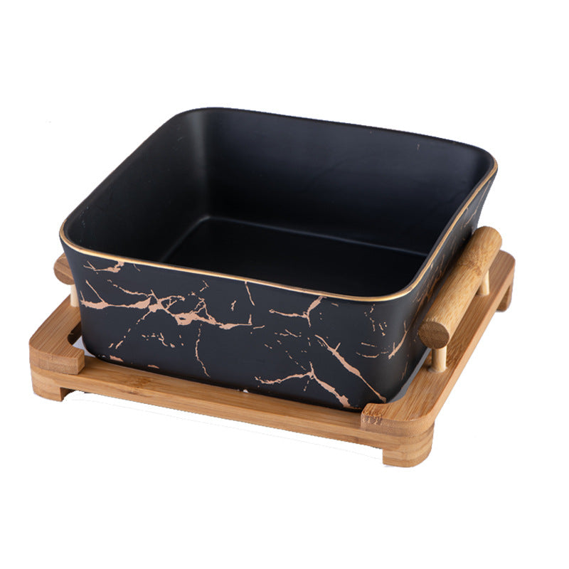 Marbled Ceramic Serving Bowl with Natural Wood Stand