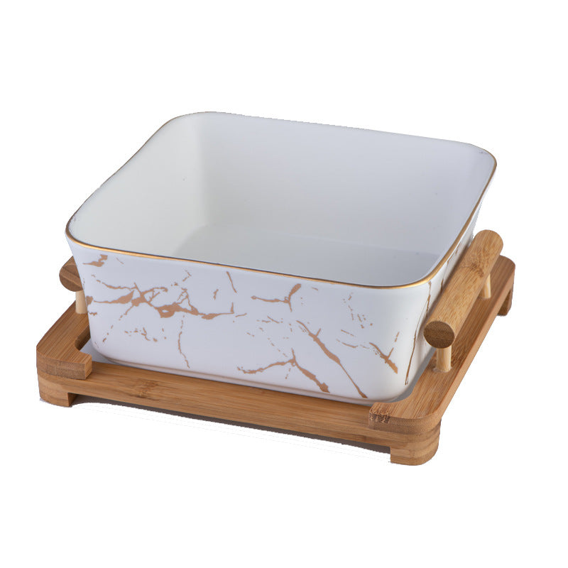 Marbled Ceramic Serving Bowl with Natural Wood Stand