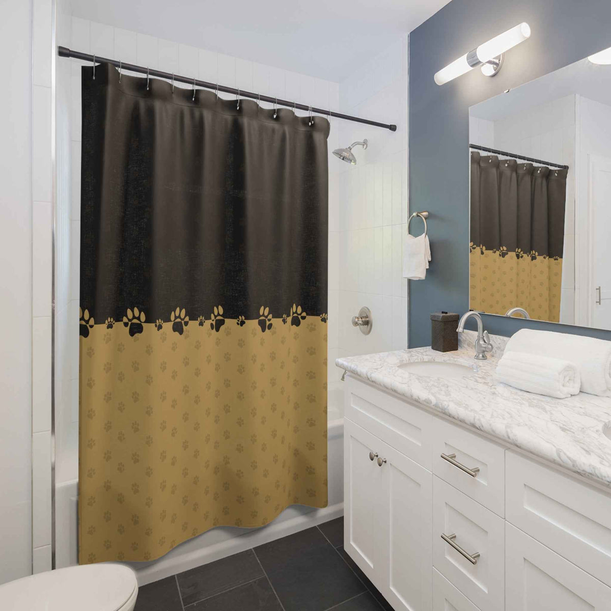 Black & Gold Paw Print Shower Curtain — Elegant Cat-Themed Bathroom Decor