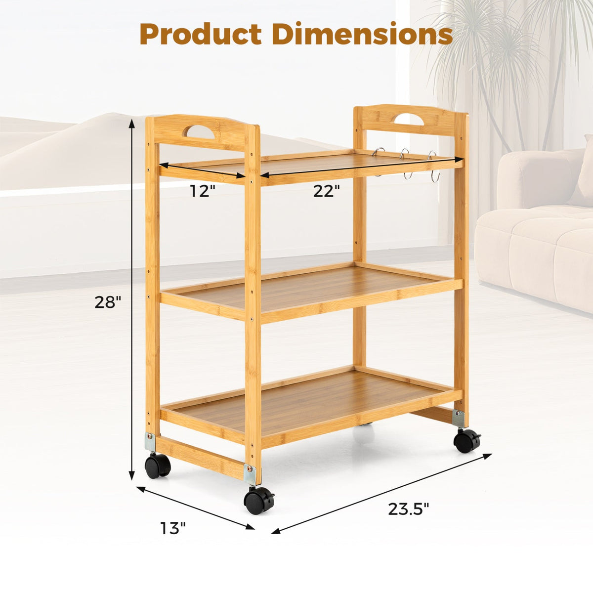 3-Tier Storage Rolling Cart Bamboo Utility Cart with 4 Universal Wheels