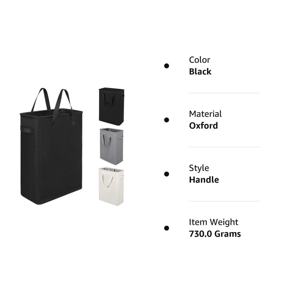 Slim Laundry Hamper With Handles Collapsible Laundry Basket Thin Dirty Clothes Basket Narrow Laundry Bag Foldable Dirty Clothes Hamper 45L (21 inchesBlack)