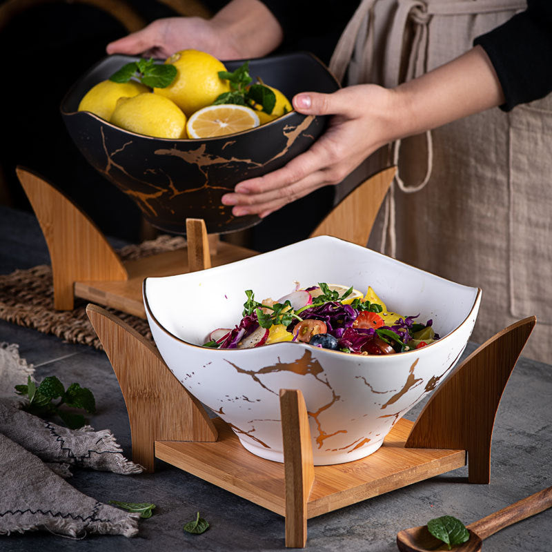 Marbled Ceramic Serving Bowl with Natural Wood Stand