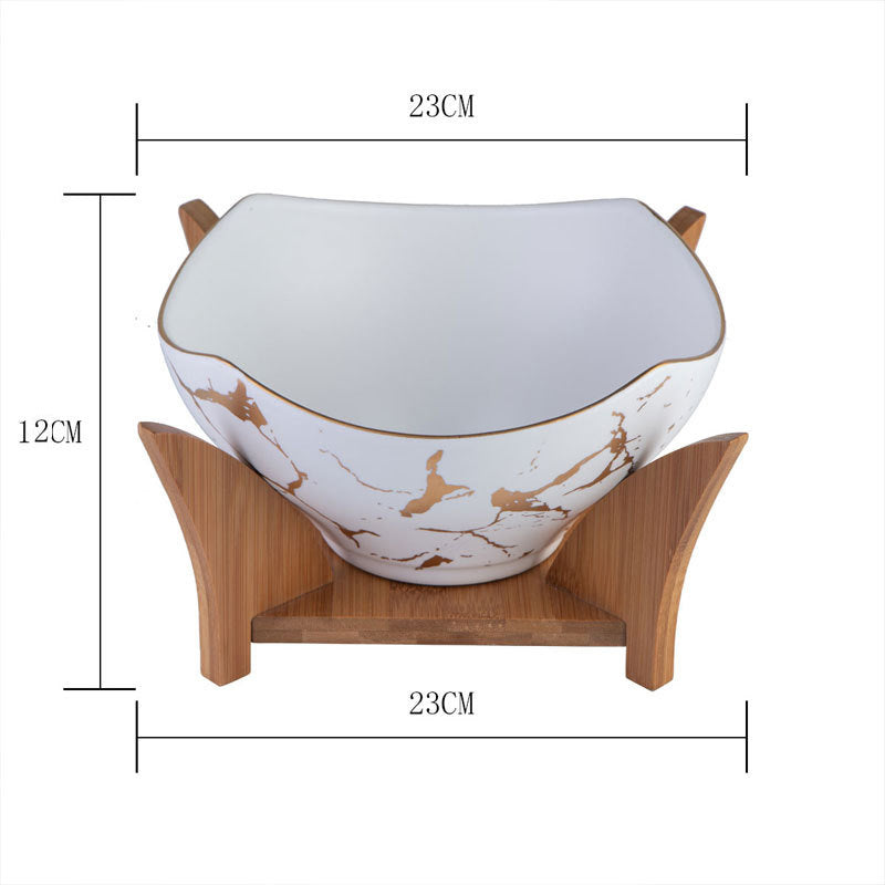Marbled Ceramic Serving Bowl with Natural Wood Stand