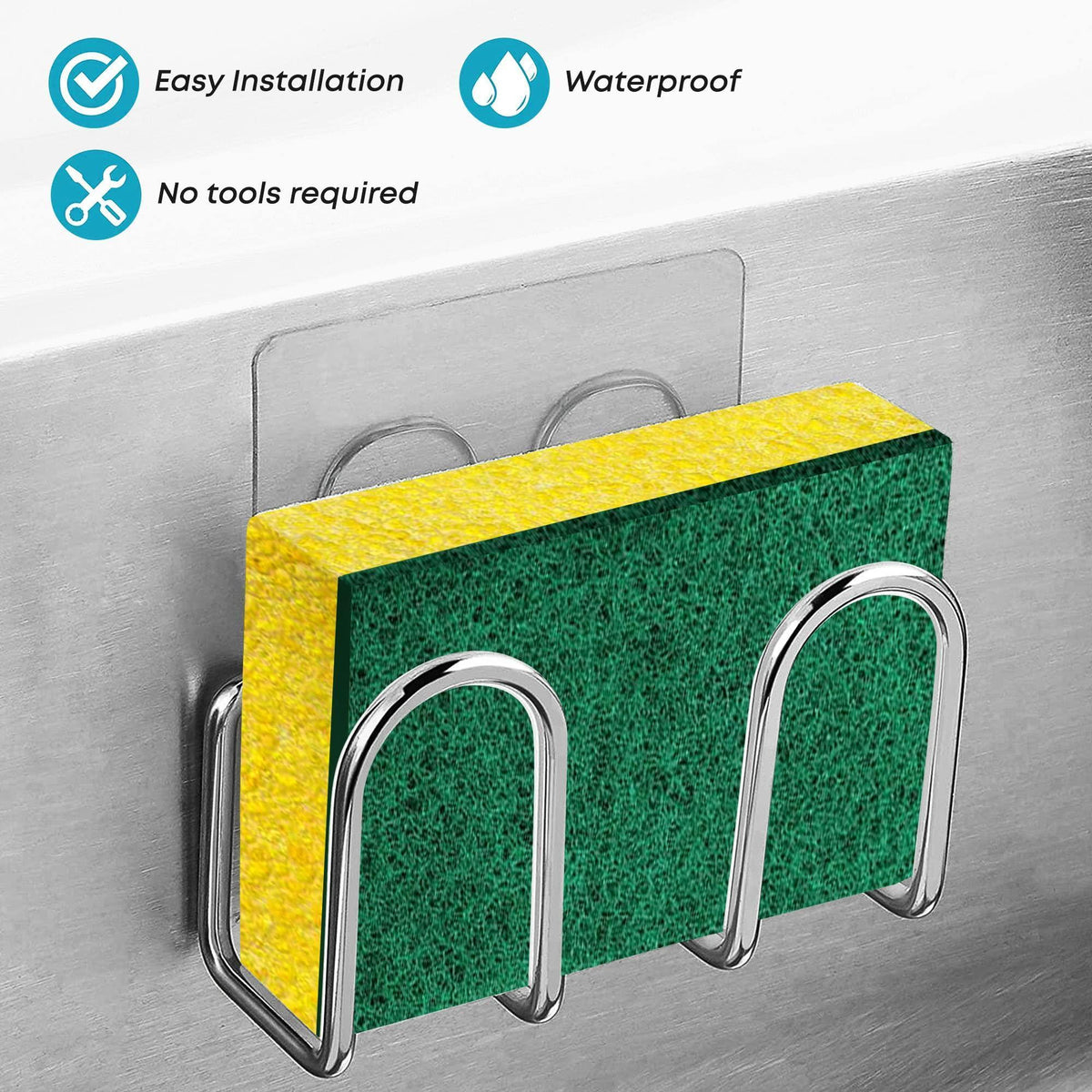 Kitchen Sponge Holder Sink Caddy for Sponges Scrubbers Soap No Drilling Adhesive Rustproof SUS304 Stainless Steel Compact Kitchen Sink Accessories