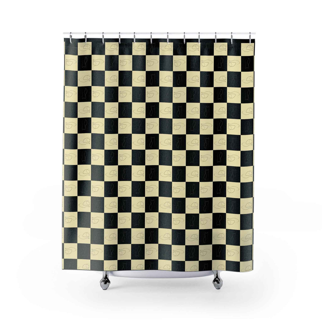 Checked Feline Shower Curtain — Elegant Gold & Black Cat Outline Pattern