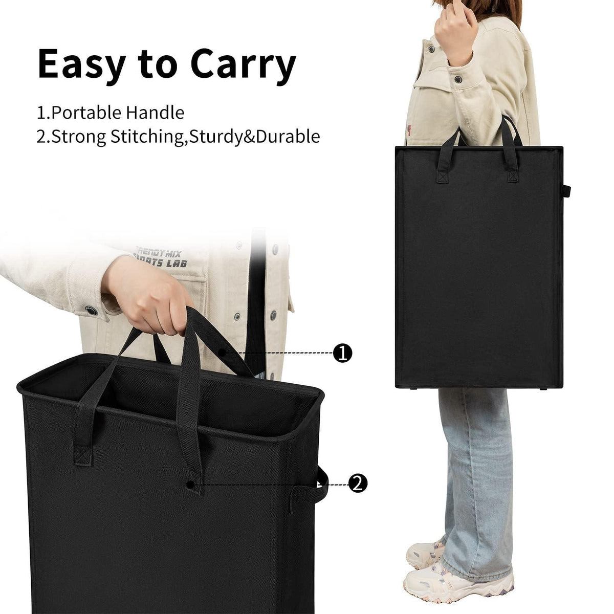 Slim Laundry Hamper With Handles Collapsible Laundry Basket Thin Dirty Clothes Basket Narrow Laundry Bag Foldable Dirty Clothes Hamper 45L (21 inchesBlack)