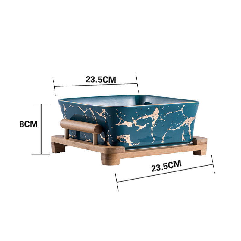 Marbled Ceramic Serving Bowl with Natural Wood Stand