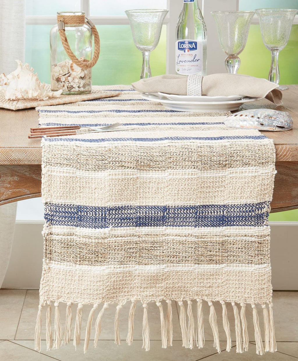 Fennco Styles Stripe Cotton Table Runner with Fringe Design 16" W x 72" L - Navy Blue Woven Table Cover for Home Décor, Dining Table, Banquets, Family Gathering and Special Events