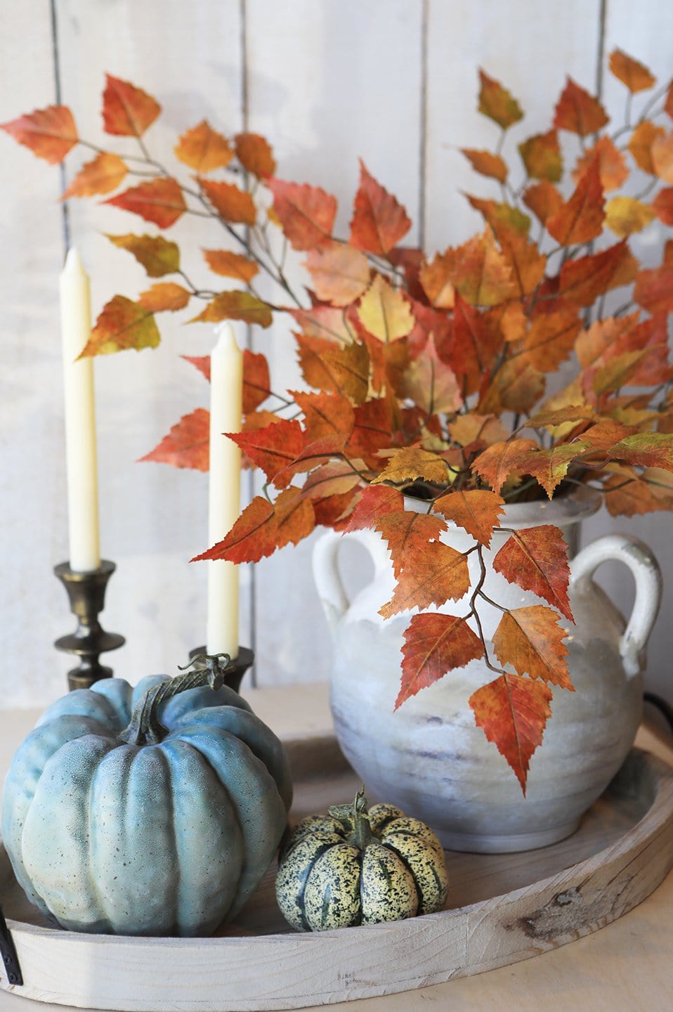26" Faux Birch Leaf Stem Red / Orange / Yellow