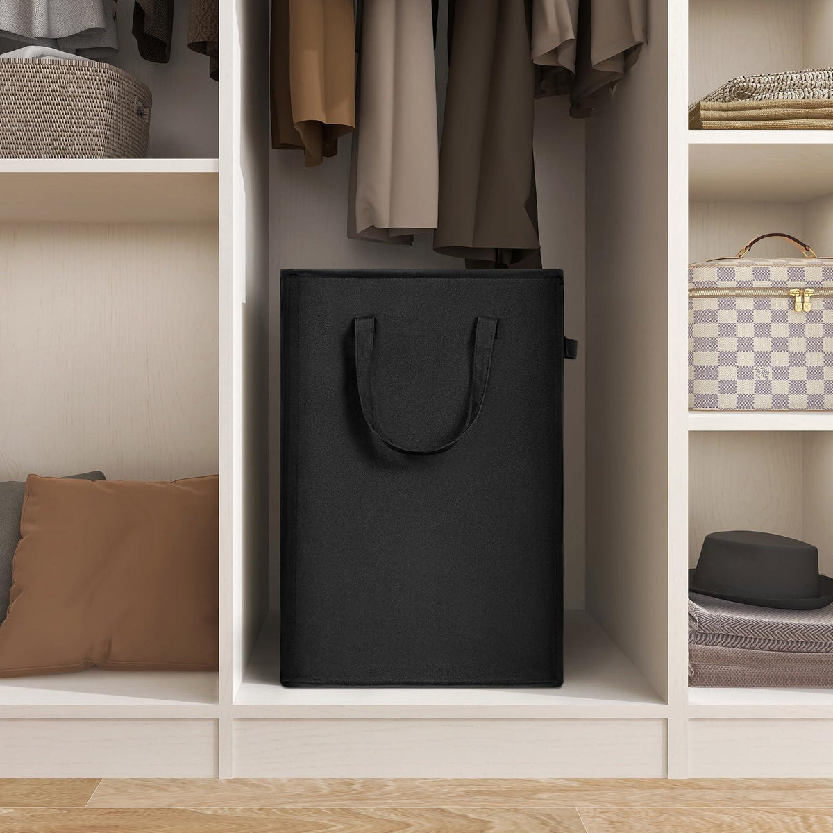 Slim Laundry Hamper With Handles Collapsible Laundry Basket Thin Dirty Clothes Basket Narrow Laundry Bag Foldable Dirty Clothes Hamper 45L (21 inchesBlack)