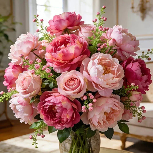 A Selection of High-Rated Artificial Two-Tone Peony Bouquets - Lifelike Flowers for Outdoor Decor, Home Decoration, And Event Decoration - Festive Floral Arrangements, Premium Bouquets, Bridal Bouquets, Valentine'S Day