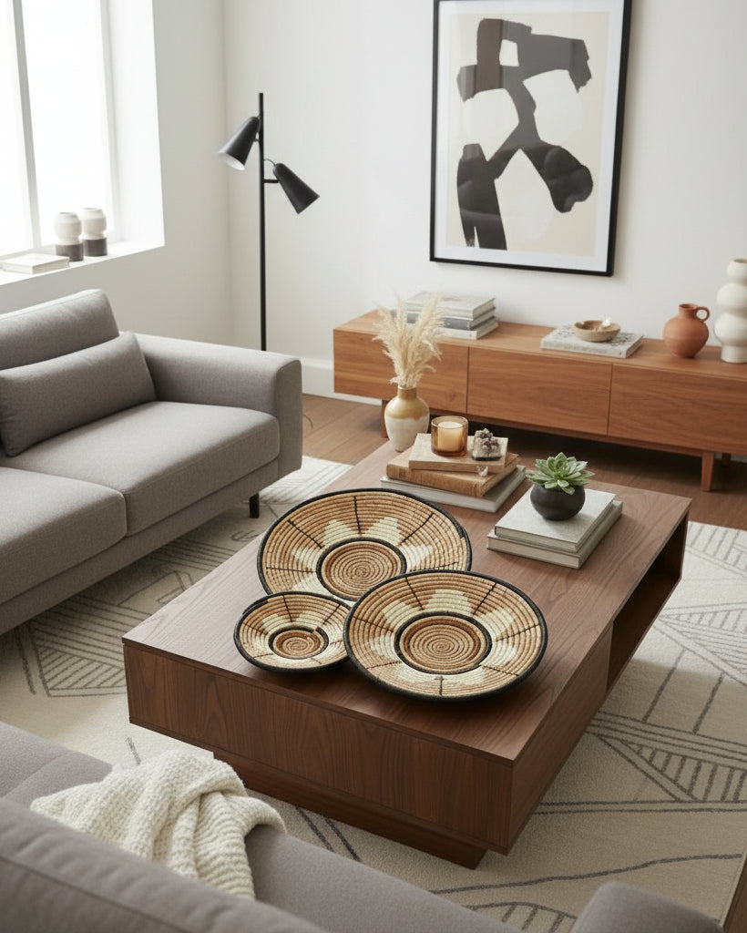 Dakarai Raffia Straw Wall or Table Decor Display Basket Tray Sets