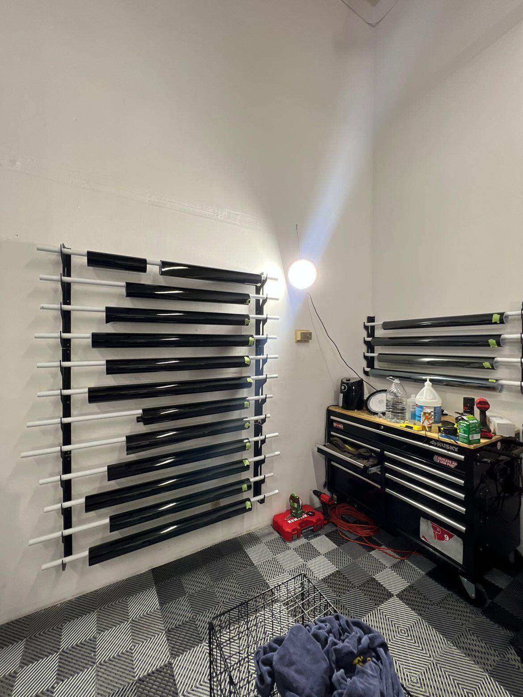 Wall-Mounted Vinyl, Tint, Paper & Cloth Wrap Rack - Modular Storage | Martin Metalwork"