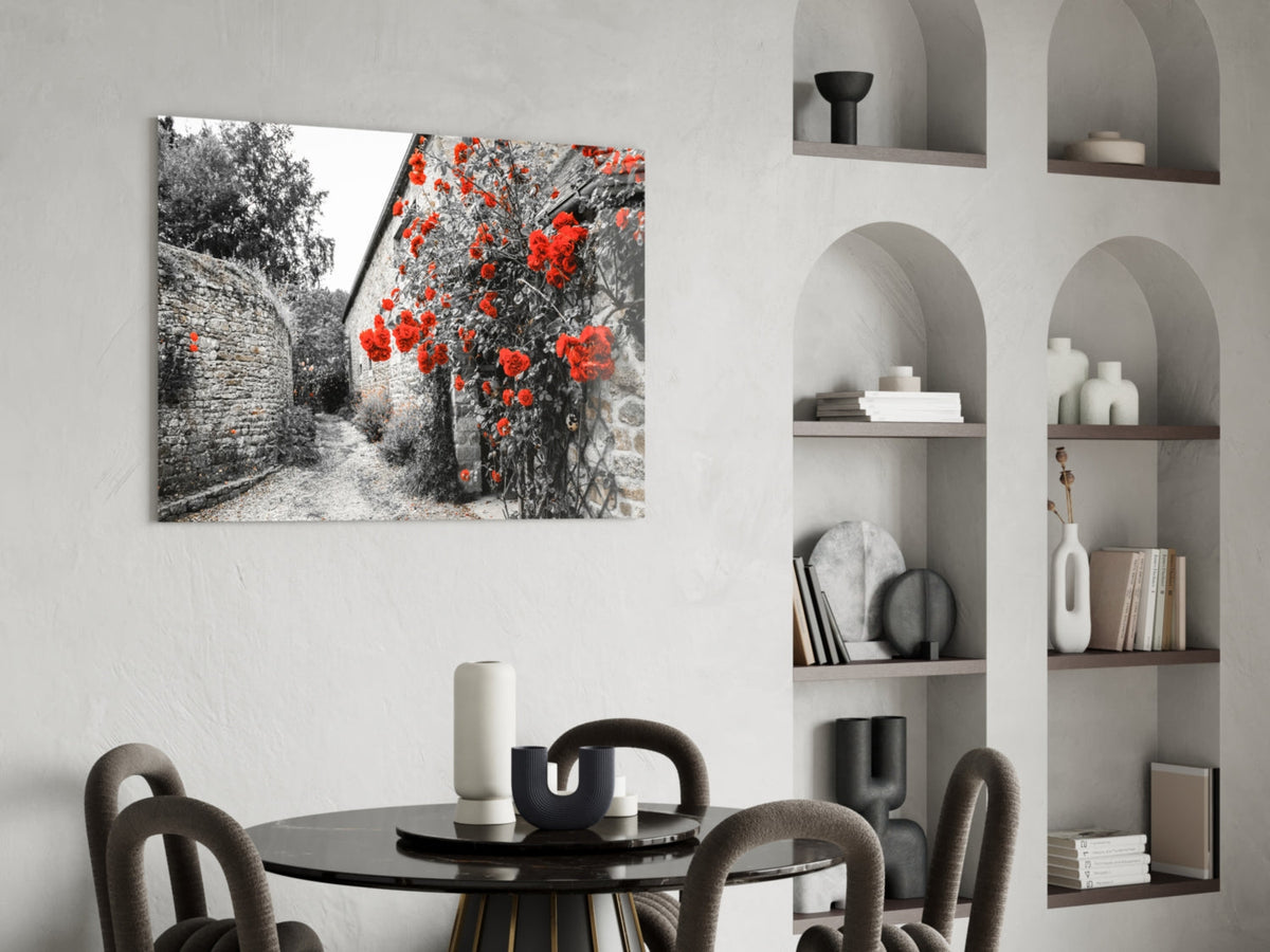 Red Roses Over Gray Stone Alley Glass Wall Art