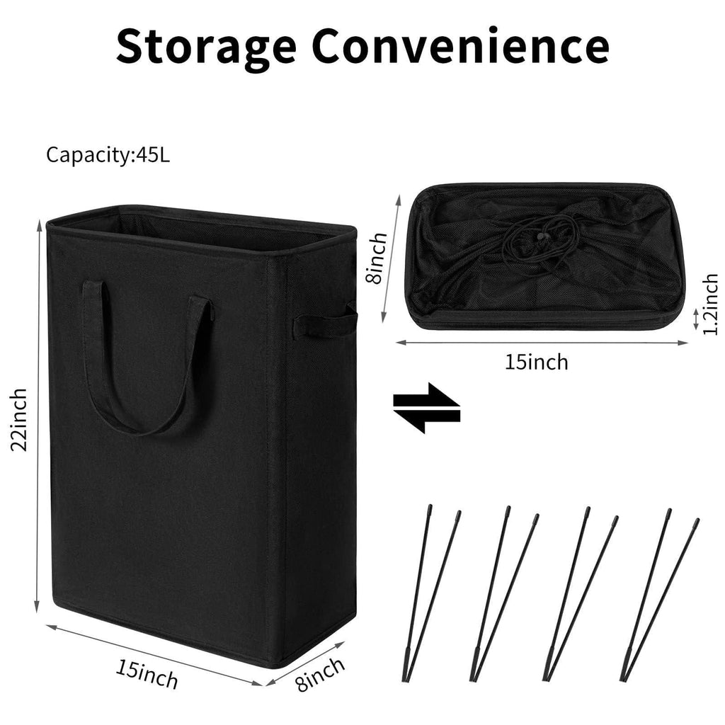 Slim Laundry Hamper With Handles Collapsible Laundry Basket Thin Dirty Clothes Basket Narrow Laundry Bag Foldable Dirty Clothes Hamper 45L (21 inchesBlack)