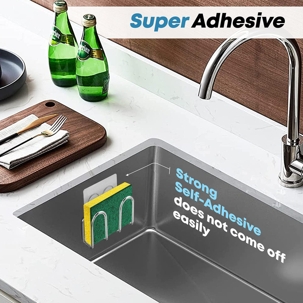 Kitchen Sponge Holder Sink Caddy for Sponges Scrubbers Soap No Drilling Adhesive Rustproof SUS304 Stainless Steel Compact Kitchen Sink Accessories