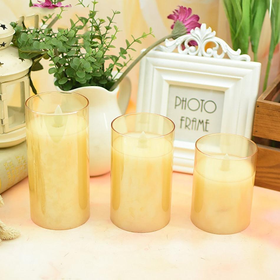 Flameless Led Wax Candle With Amber Color Glass For Home Decor Led Flameless Candles Battery Operated Wax Flickering Moving Wick Effect Halloween Glass Candle Set Wedding/Christmas/Holiday Light Decorative Candles