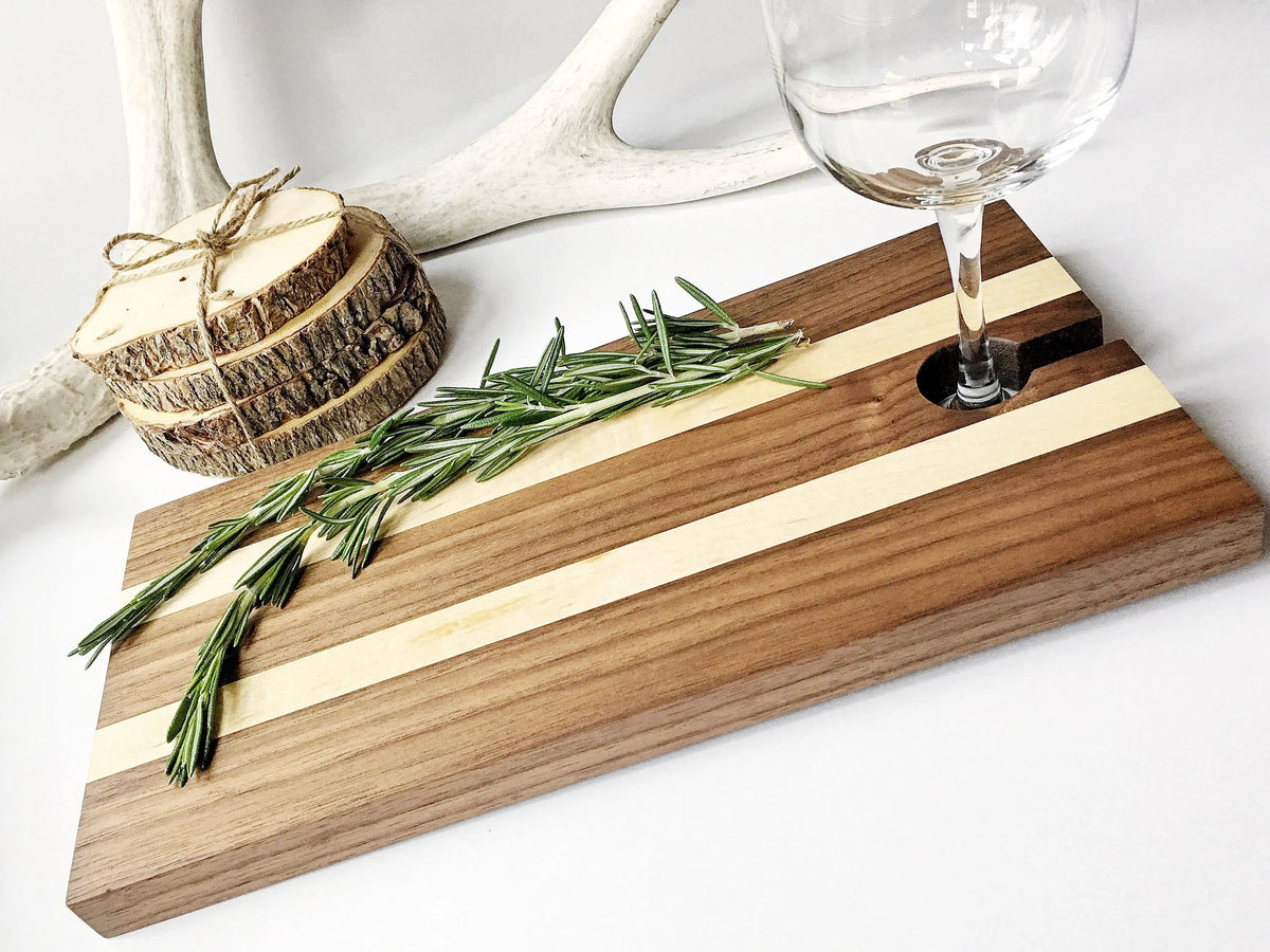 Serving Tray, Maple & Walnut Charcuterie Board, Wood Cheese Board with Wine Glass Holder
