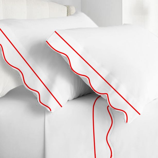 400TC Cotton Scallop Embroidery & Border Sateen Solid Sheet Set